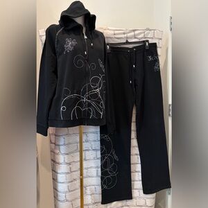 BCBG Maxazria:XL Women Black Rhinestone Embellished Hoodie & Jogger Set